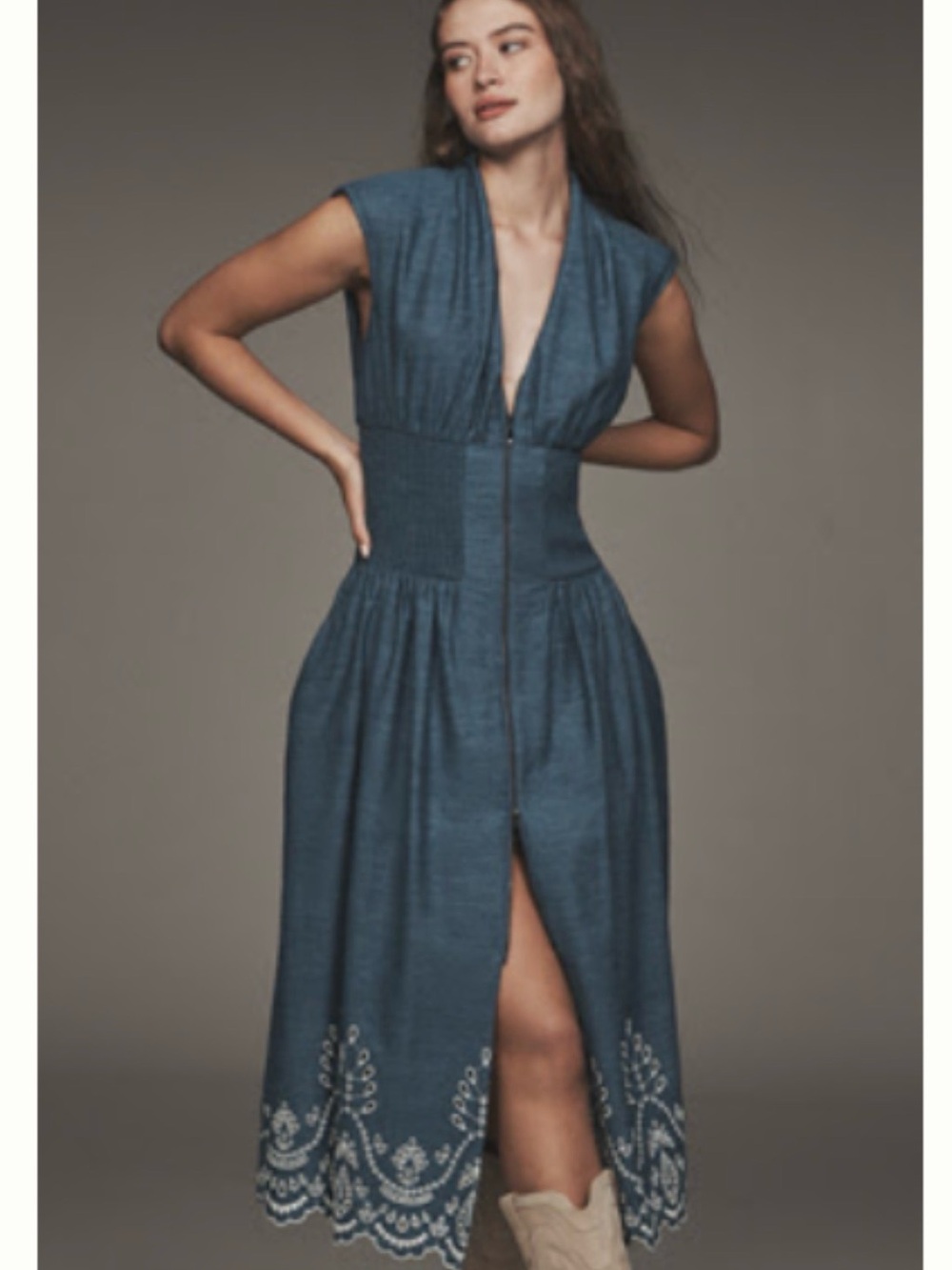 Deep Blue Embroidered Midi Dress with Front Zip